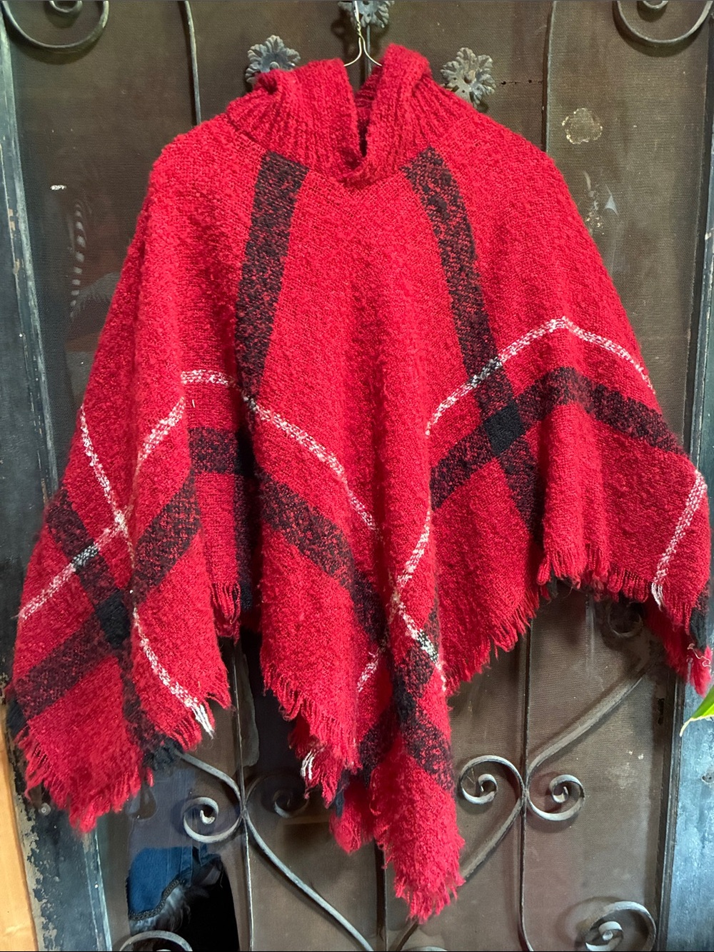 Red Plaid Hooded Poncho Sweater